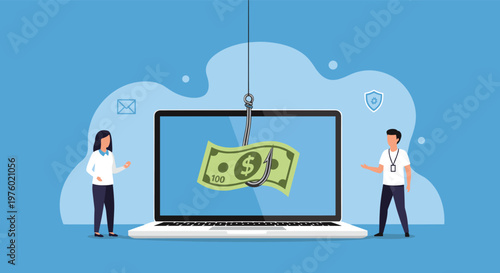 Internet fraud and financial phishing concept with a laptop computer and a dollar bill being used as bait on a fishing hook for users.