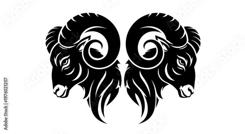 Two black ram heads facing each other on a white background.