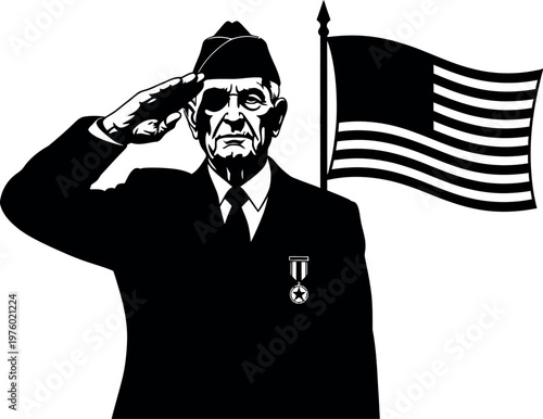 A vintage illustration depicting a saluting military veteran standing proudly before an american flag honoring service