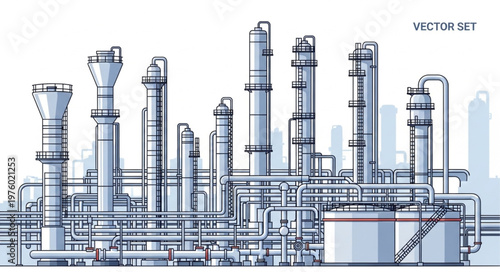 Detailed Sketch of an Industrial Plant with Multiple Towers and Tanks.