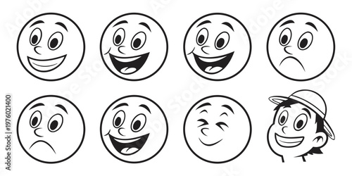 Collection of hand-drawn facial expressions and emotions with emotions expressions emoticon illustration character disappointment surprise thinking confusion isolated