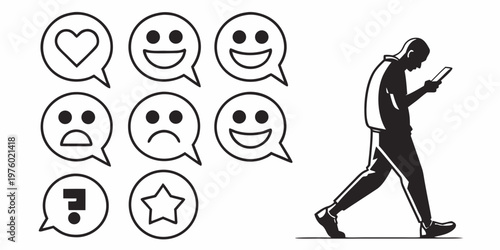 Man walking with phone surrounded by speech bubbles with various emotions and symbols social media question mark user interface smartphone communication emotions