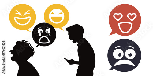 Silhouette of people communicating online with diverse emotional expressions depicted in speech bubbles social media online activity social networking online interaction