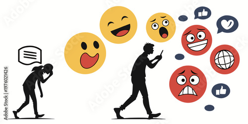 People and emojis representing online interaction and emotions positive and negative reactions social media social networking online activity internet surfing
