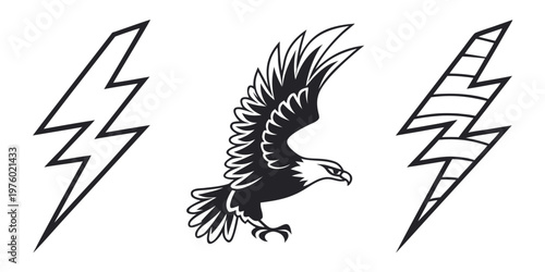 Graphic elements featuring two lightning bolts and a stylized eagle in flight lightning bolt graphic design line art black and white thunderbolt illustration silhouette