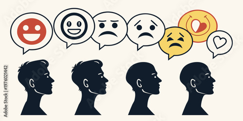 Silhouettes of men's profiles with thought bubbles showing different emotional faces and icons mental state social media inner thoughts human mind silhouette emotions