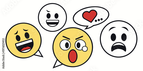 Collection of colorful and black and white emojis expressing a range of emotions like joy anger sadness with emotions expressions feelings disappointment frustration