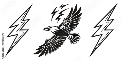 Eagle in flight with lightning bolts symbolizing power and speed lightning bolt graphic design line art black and white thunderbolt illustration silhouette electricity