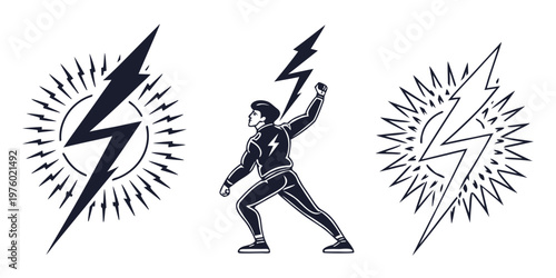 Man holding lightning bolt symbol with bursting rays and stylized sun black and white bursting stylized strength illustration silhouette powerful athletic vigilant