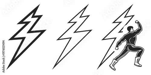 Man running with lightning bolts graphic elements lightning bolt elements silhouette illustration superhero athletic strength electricity alertness energetic