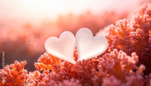 Wallpaper Mural Two White Heart Shapes on Pink Coral Flowers Romantic Dreamy Love Symbolic Visuals Torontodigital.ca