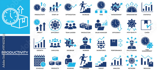 Productivity icon set collection. Containing statistics, increase, efficiency, profit, progress, improvement, leader .Solid vector icons collection
