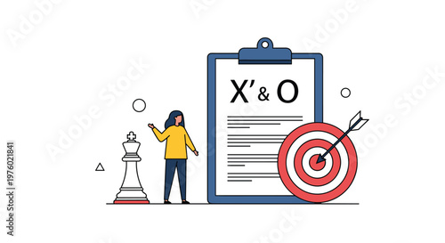 Businesswoman planning strategy with chess king piece and target board for successful goal achievement and tactics concept.