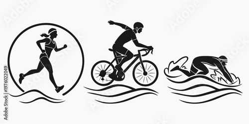 Silhouettes of triathlon athletes: a female runner a male cyclist a male swimmer in crawl stroke all depicted with stylized waves human figure sport event graphic design