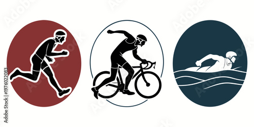 Circular graphic icons featuring male athletes engaged in triathlon sports: running cycling swimming. stylized vector illustration of endurance activities triathlon