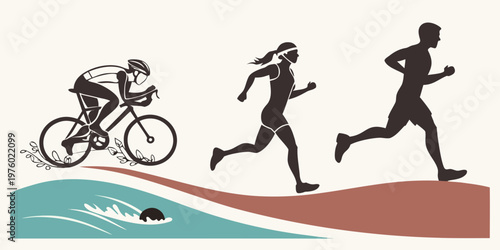 Illustrative graphic depicting triathlon stages: cycling running swimming. stylized athletes participating in an endurance multisport race triathlon swimming endurance