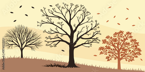 Graphic illustration of autumn trees showing seasonal change with falling leaves on a brown hillside landscape, depicting bare branches and colorful foliage, plant life