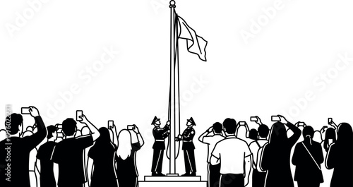 A black and white illustration depicts a crowd raising a flag symbolizing unity celebration and patriotic fervor in a public space