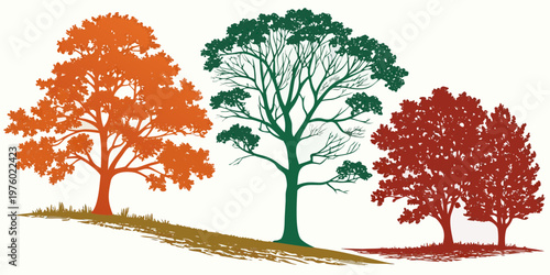 Autumn trees vector graphic illustration set with bright orange deep green rich red foliage standing on a subtle ground line plant life tree line color palette colorful