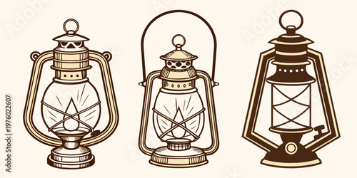 Set of three vintage old-fashioned kerosene lanterns and oil lamps retro portable light sources illustration kerosene portable historic traditional illumination isolated