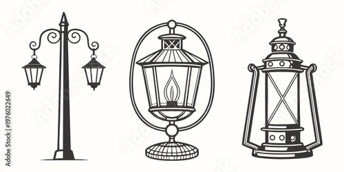 Assortment of classic street lamp ornate decorative lantern traditional camping light illustrations light post old fashioned traditional decorative illumination