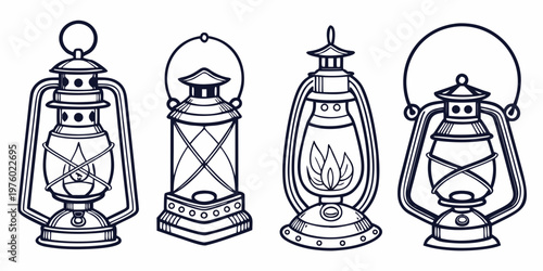 Collection of vintage portable oil lamps and classic kerosene lanterns line art vector set with oil lamp old fashioned camping gear different styles design element