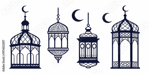 Ramadan kareem lanterns with crescent moon islamic decoration elements mubarak festive silhouette collection holy month design element lanterns crescent ornament