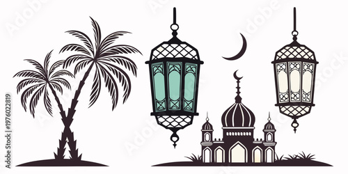 Middle eastern islamic landscape elements with palm trees mosque silhouette lanterns and crescent moon palm tree middle east travel destination religion silhouette