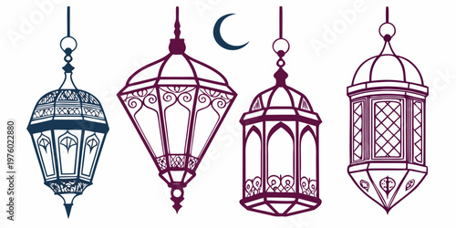 Islamic decorative lanterns with crescent moon elegant ramadan kareem elements cultural festival graphic collection holy month design element lanterns crescent ornament