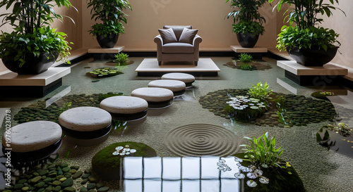 Indoor zen garden with water feature and seating area