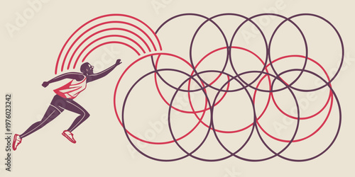 Dynamic silhouette of an athlete running and reaching forward radiating energy arcs towards abstract overlapping circles symbolizing strength and achieving goals reaching