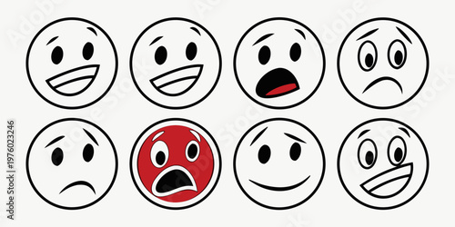 Collection of outline emoticons expressing a wide range of emotions from happiness and surprise to sadness worry shock with line art social media white background emoticon