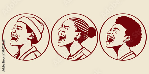 Vector illustration of three diverse individuals in profile expressing strong feelings like shouting screaming or joyful laughter with strong feeling screaming shouting