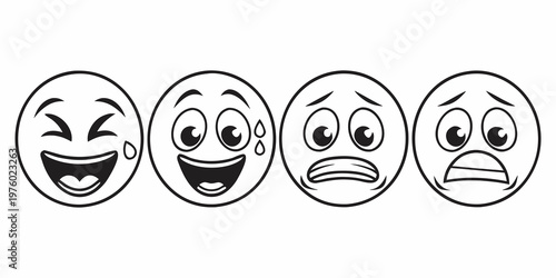 Collection of four black and white outline emojis showing intense feelings like extreme happiness anxiety stress nervousness with line art social media white background