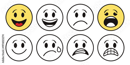 Diverse set of emoji faces displaying various emotions including happiness sadness worry anger with yellow and outline styles line art social media white background