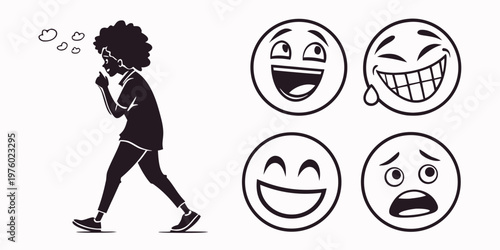 Combination graphic of a silhouetted person pondering while walking and outline emojis showing happy winking laughing worried expressions with thought bubbles, line art