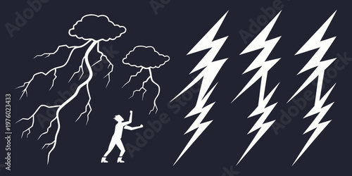 Person observing intense storm clouds with striking lightning and collection of lightning bolt icons lightning observer electricity powerful silhouette illustration