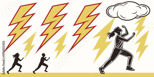 People running from multiple powerful lightning strikes and a stormy cloud with rain white background lightning thunderbolt electricity phenomenon movement struggle