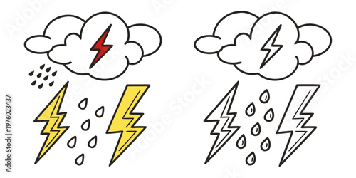 Stormy weather icons showing cloud with rain and lightning bolts in both colored and outline versions white background design element duo tone lightning thunderbolt