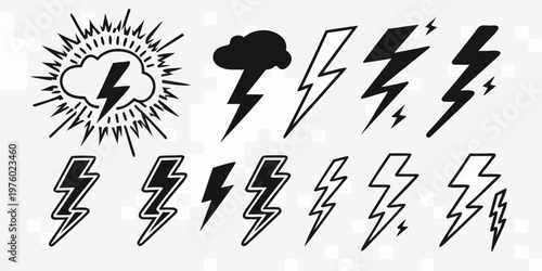 Variety of stylized lightning bolt and storm cloud icons vector graphic set on gridded background with lightning electricity collection thunderbolt electric illustration