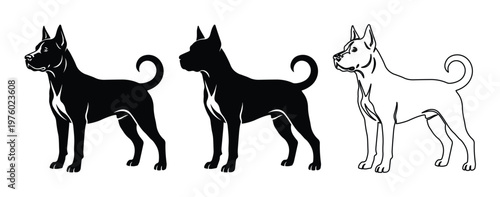 Thai Ridgeback dog silhouette set, black and white canine vector graphics, standing purebred dog icons for pet branding and logo design