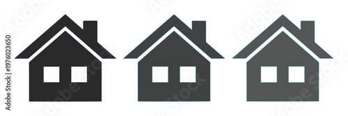 Minimalist house icon set in black and grey. Real estate home symbols for website navigation. Simple residential building vector silhouettes.