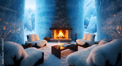 Cozy winter retreat a fireplace and armchairs in a snowy landscape