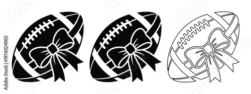 American football with bow vector set, feminine sports ball silhouette icons, black and white football graphics for cheerleading and fan apparel