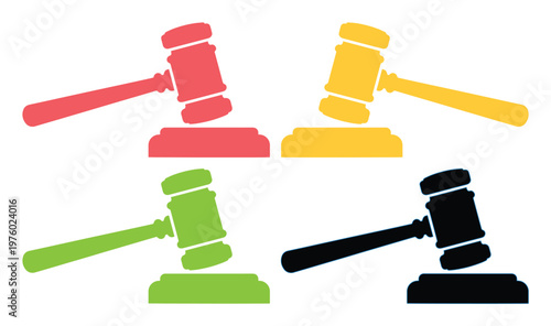 Judge gavel vector icons set, colorful wooden hammer silhouettes for law and justice, legal auction mallet symbols on white background