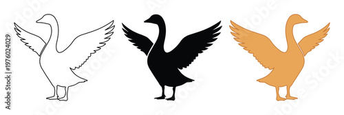 Goose silhouette vector set, flying swan bird icons in black and gold, minimalist waterfowl illustrations for farm and nature branding
