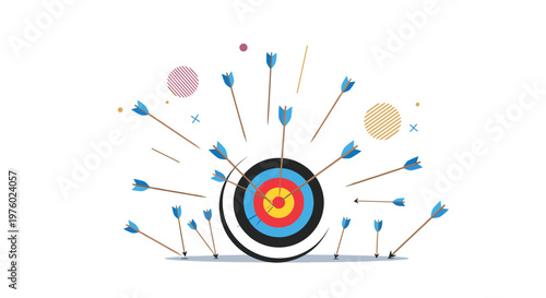 Target board hit by multiple blue arrows with some missing the mark for business goals and marketing achievement concept.