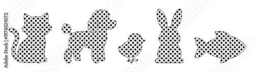 Checkered pet animal silhouettes set, black and white gingham pattern cat dog bird rabbit and fish icons, decorative pet shop vector graphics