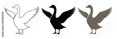 Goose silhouette vector set, flying swan icons with open wings, minimalist waterfowl bird illustrations in black and grey, 3 elements for logo design