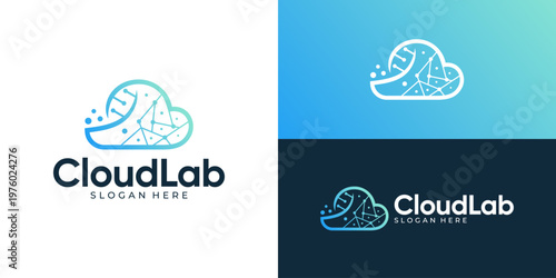 Creative simple cloud lab logo template. Modern cloud with DNA and dot connection symbol logo design vector illustration.